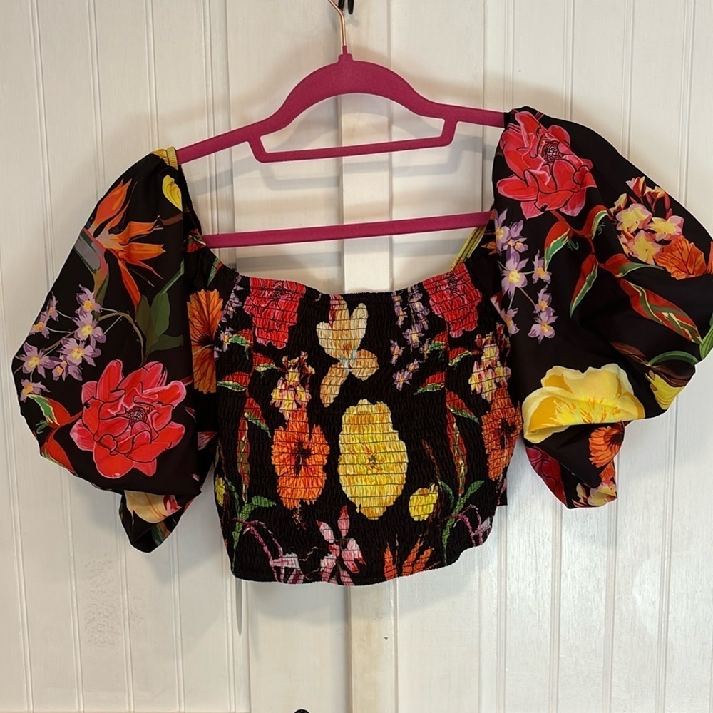SHEIN vacay black floral off shoulder, puff sleeve crop top size L